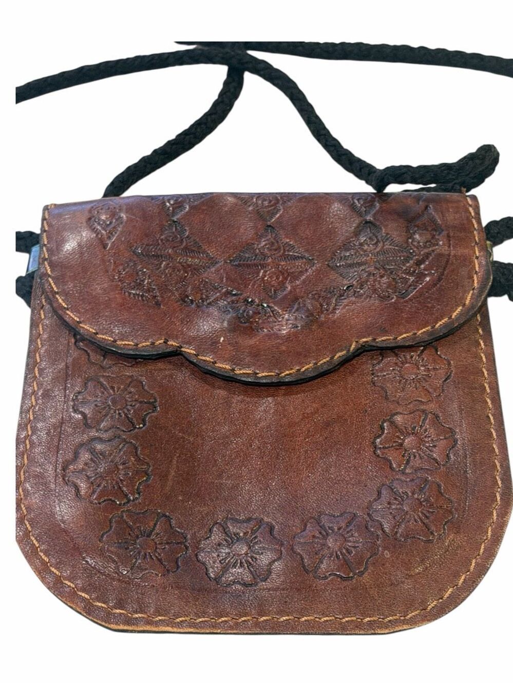 VINTAGE Brown Tooled Leather Mini Crossbody Bag Floral Argentina Boho